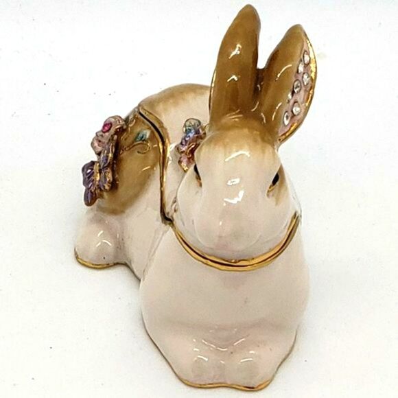 Enamel Vintage Floral Butterfly Bejeweled Rabbit Hinged Trinket Box - Picture 5 of 10